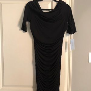 Ruched cocktail dress with ¾ sleeves